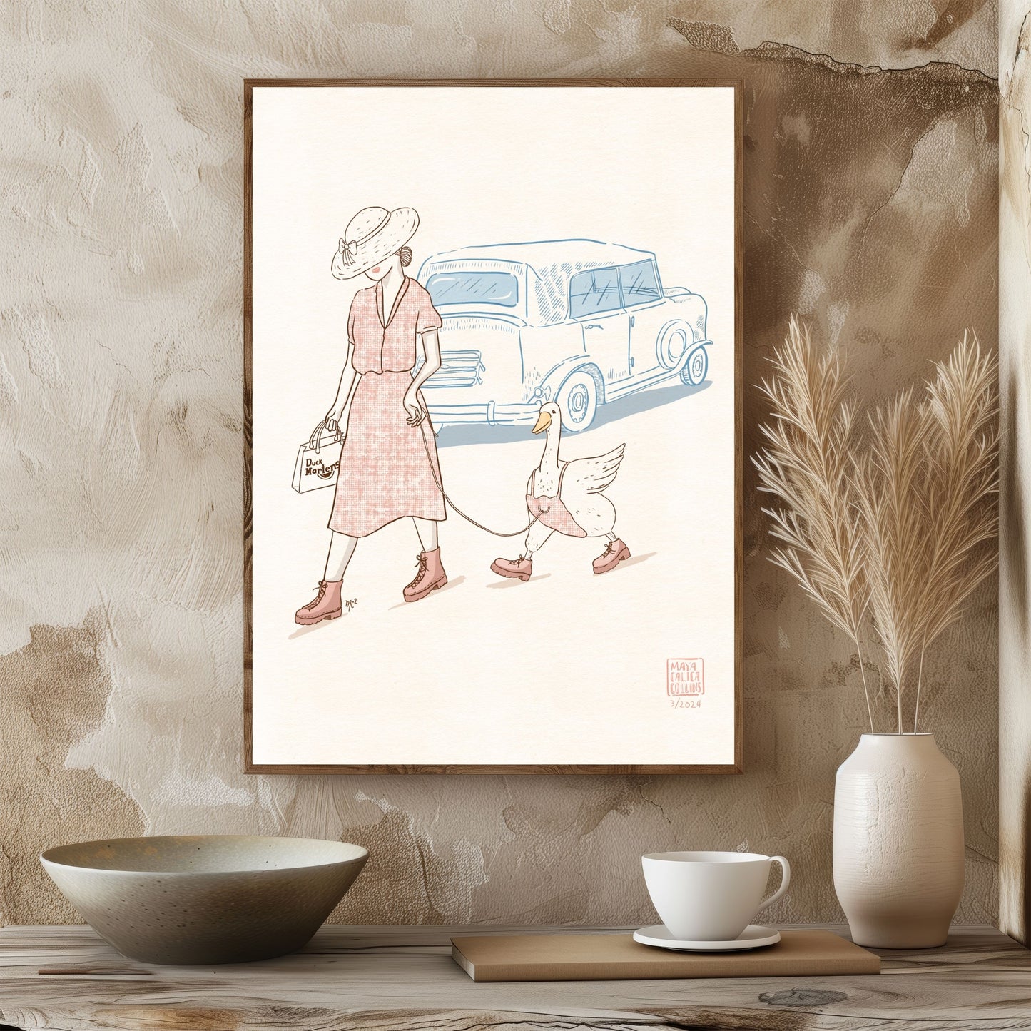Woman Walking her Duck in Doc Martens, Vintage Style Art Print, Funny Gift Idea