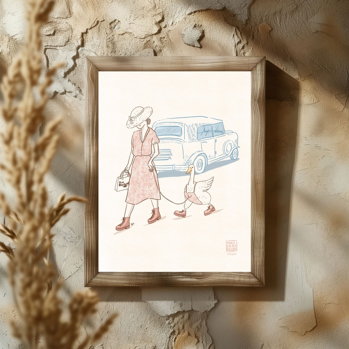 Woman Walking her Duck in Doc Martens, Vintage Style Art Print, Funny Gift Idea