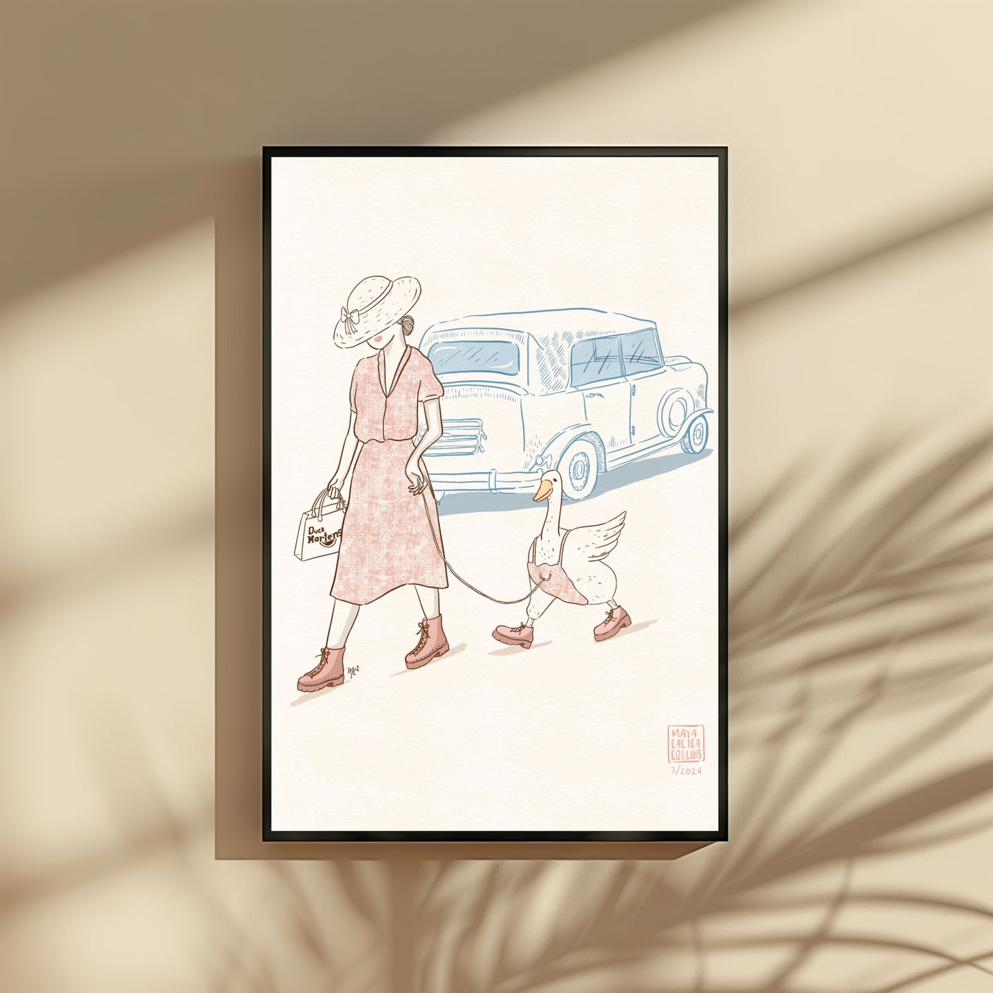Woman Walking her Duck in Doc Martens, Vintage Style Art Print, Funny Gift Idea