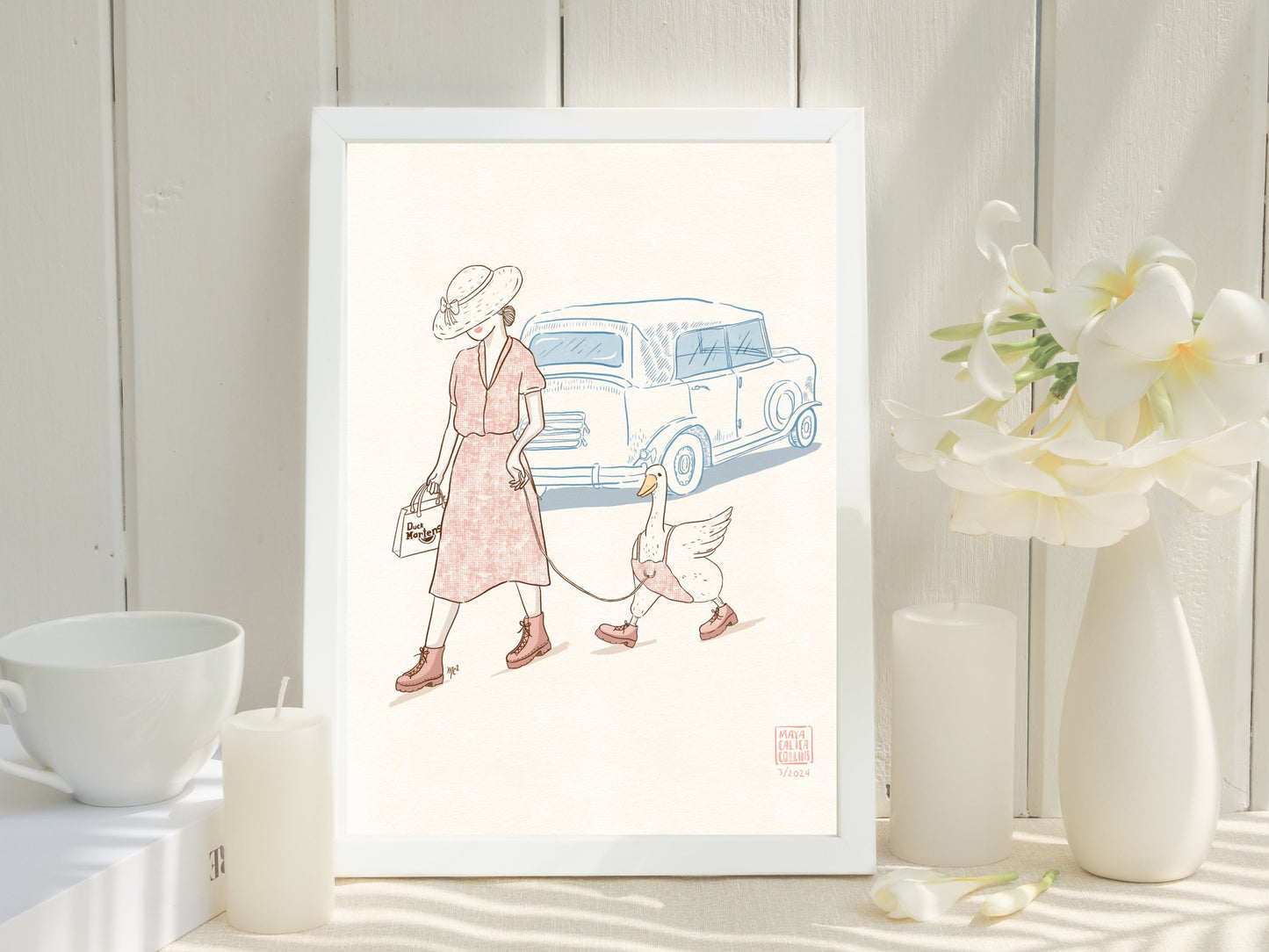 Woman Walking her Duck in Doc Martens, Vintage Style Art Print, Funny Gift Idea