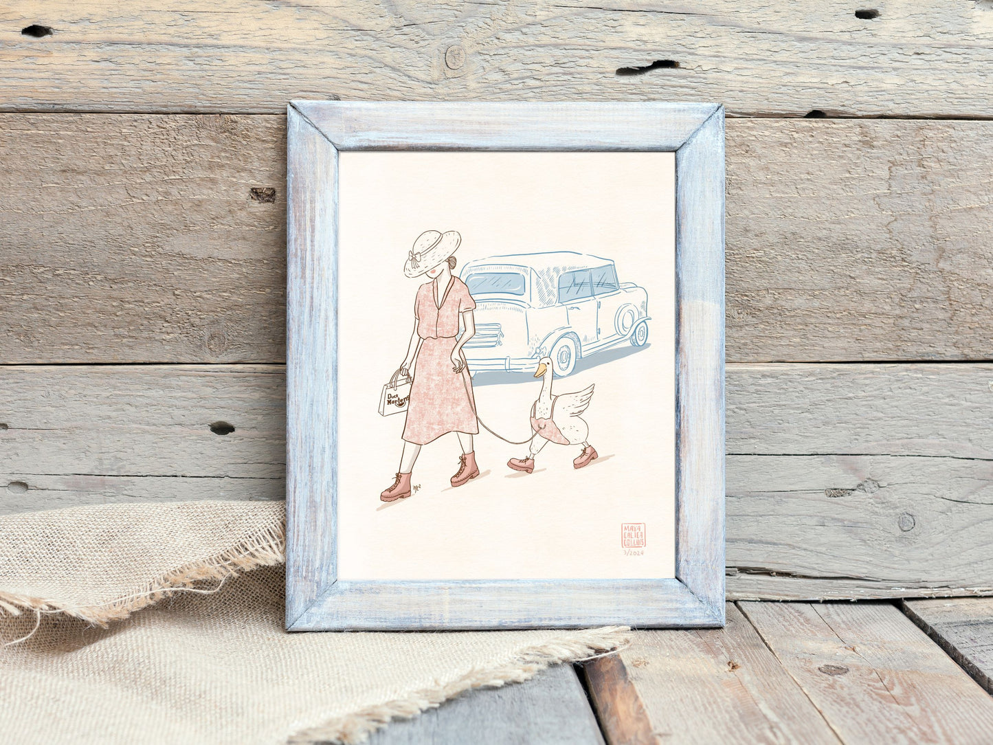 Woman Walking her Duck in Doc Martens, Vintage Style Art Print, Funny Gift Idea