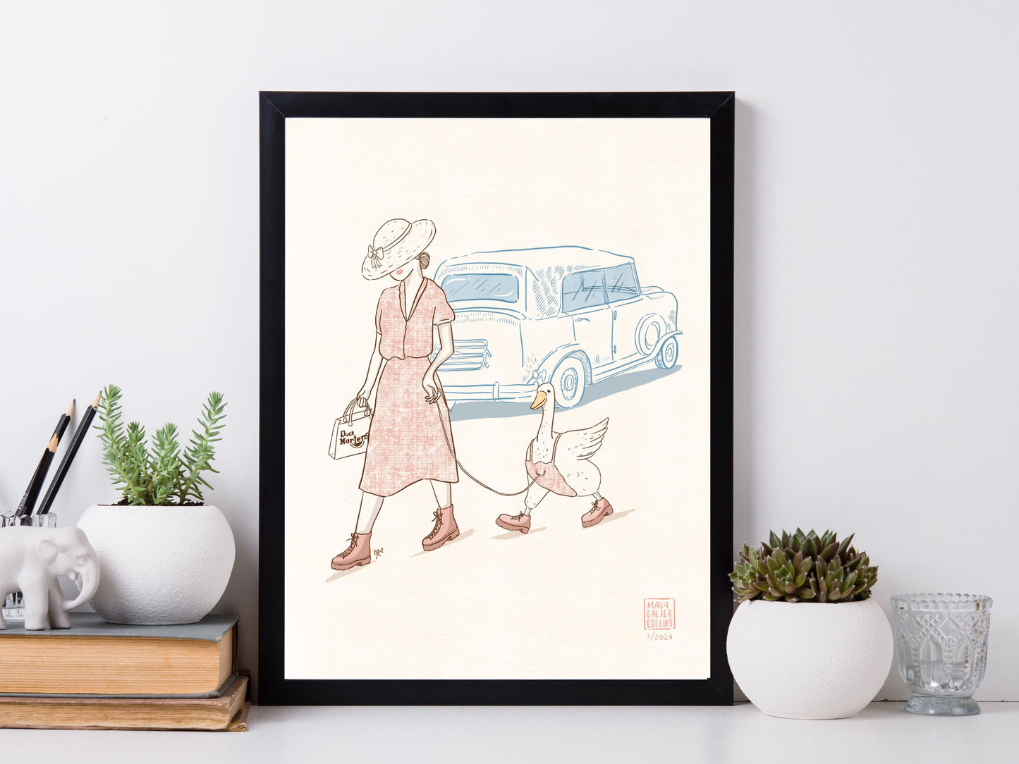 Woman Walking her Duck in Doc Martens, Vintage Style Art Print, Funny Gift Idea
