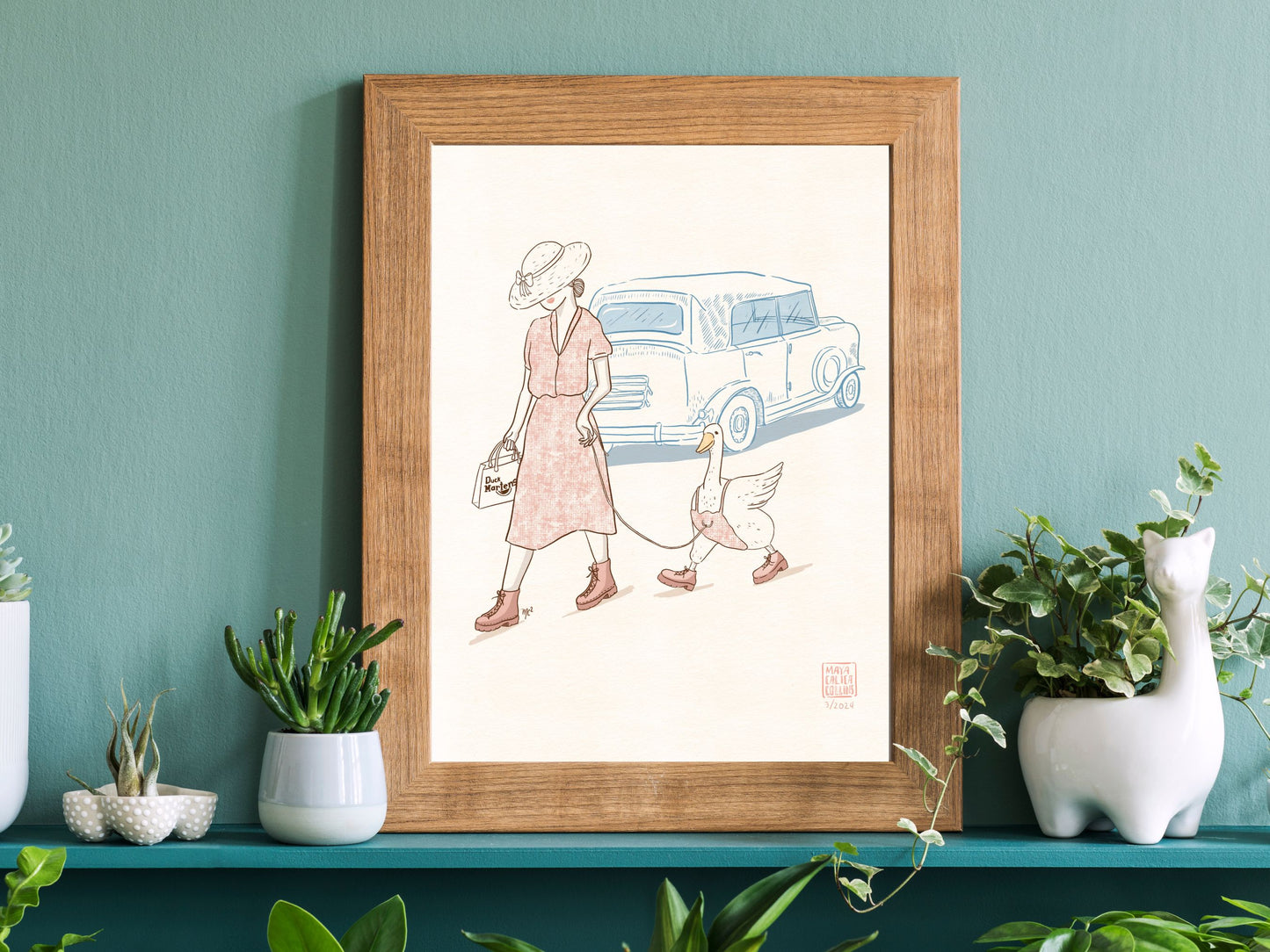 Woman Walking her Duck in Doc Martens, Vintage Style Art Print, Funny Gift Idea