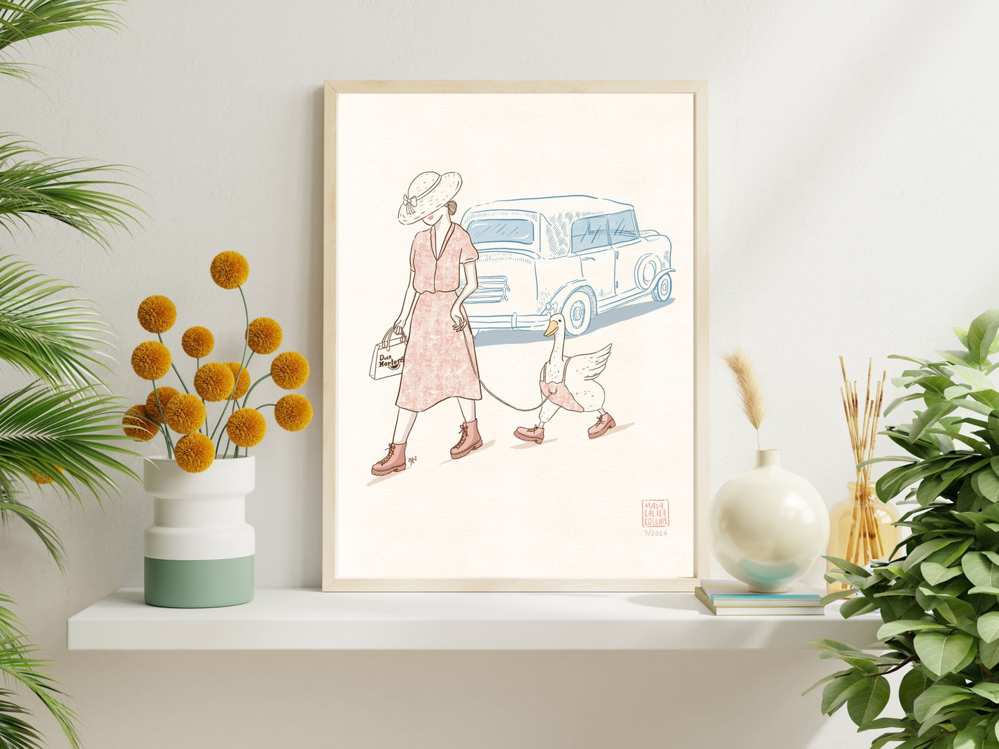 Woman Walking her Duck in Doc Martens, Vintage Style Art Print, Funny Gift Idea