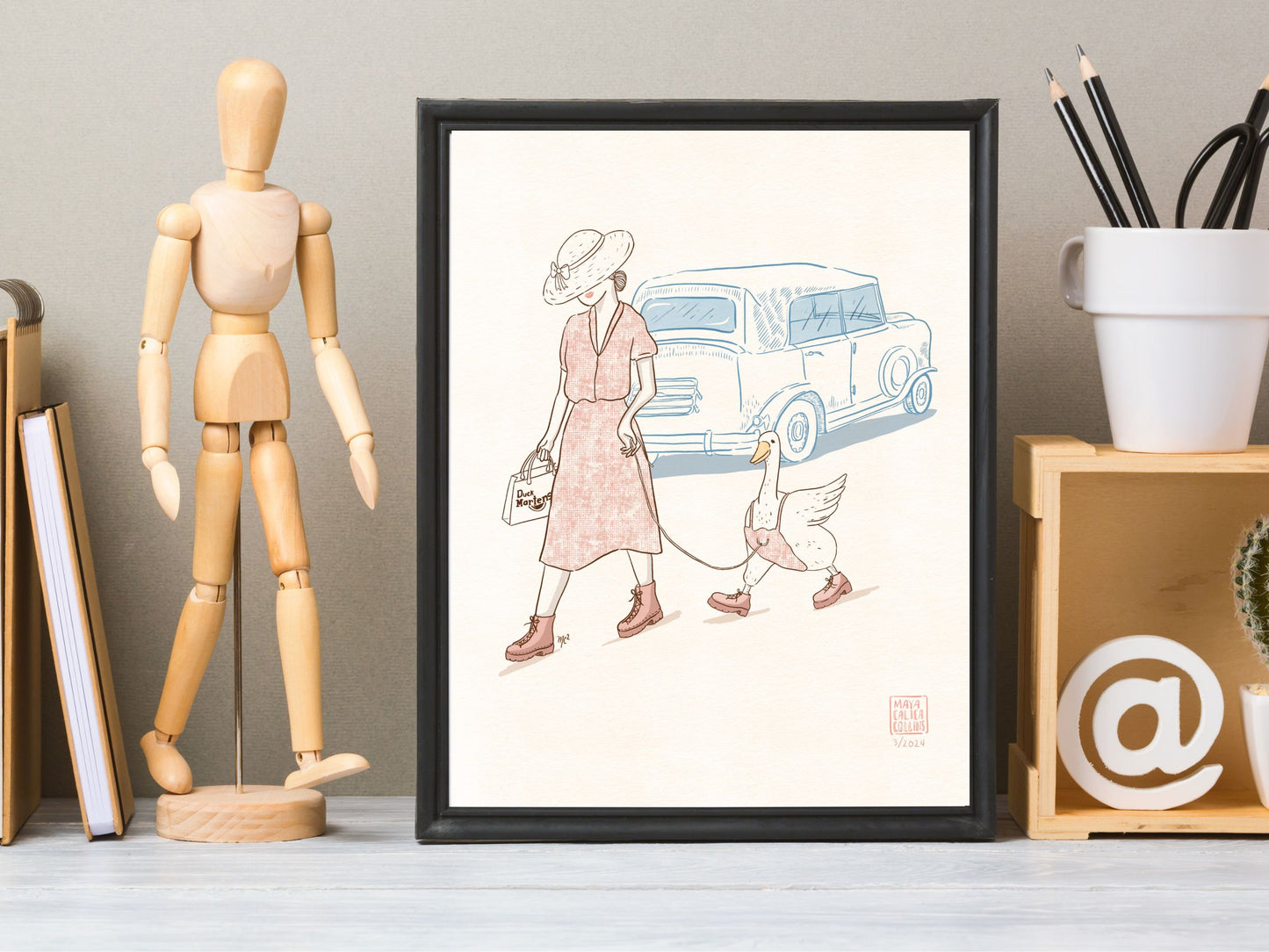 Woman Walking her Duck in Doc Martens, Vintage Style Art Print, Funny Gift Idea
