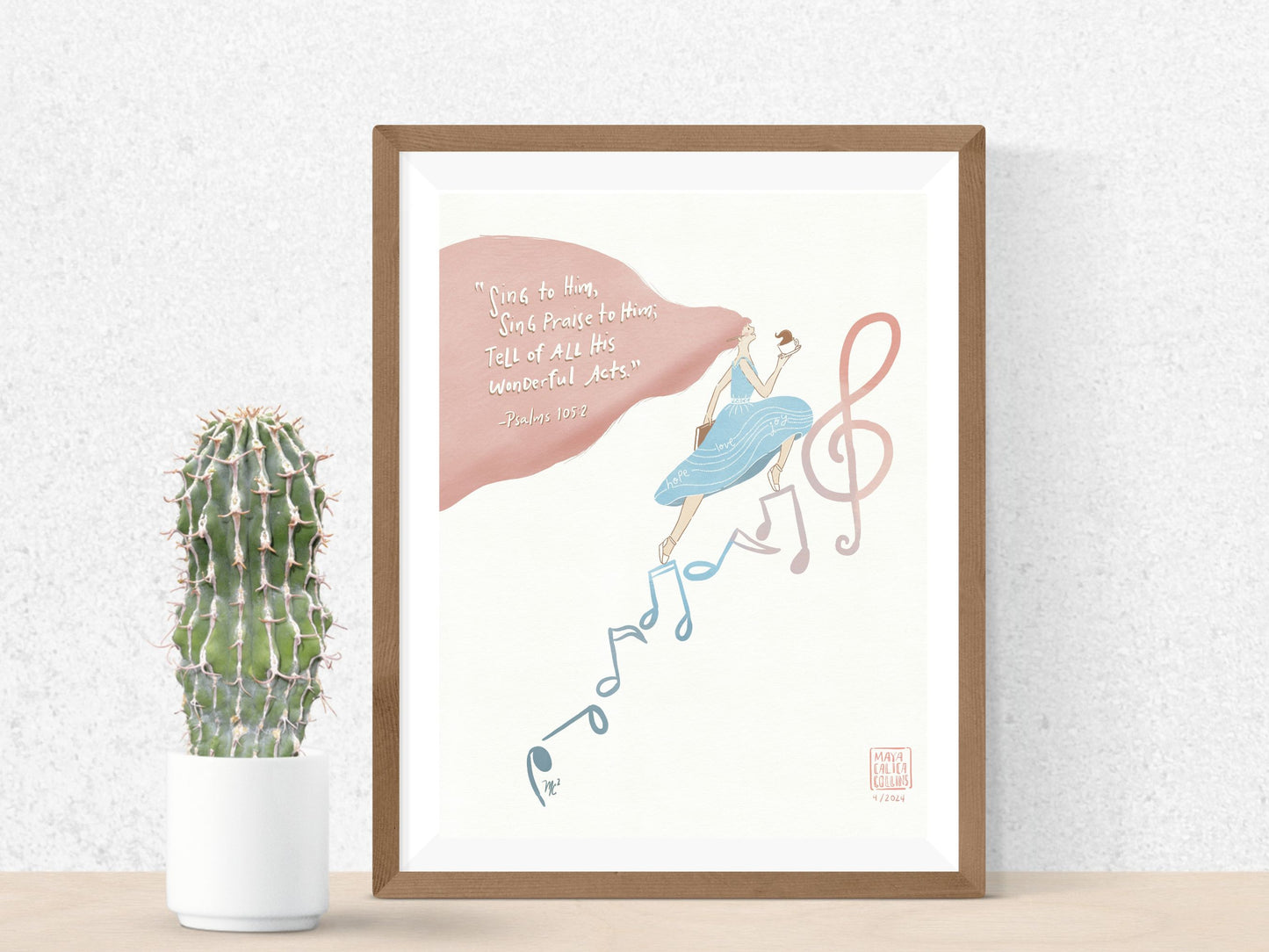 Sing Praises to Him Art Print, Girl with coffee Climbing a Stairs of Musical Notes, Pastel Art Print, Bible Art Poster