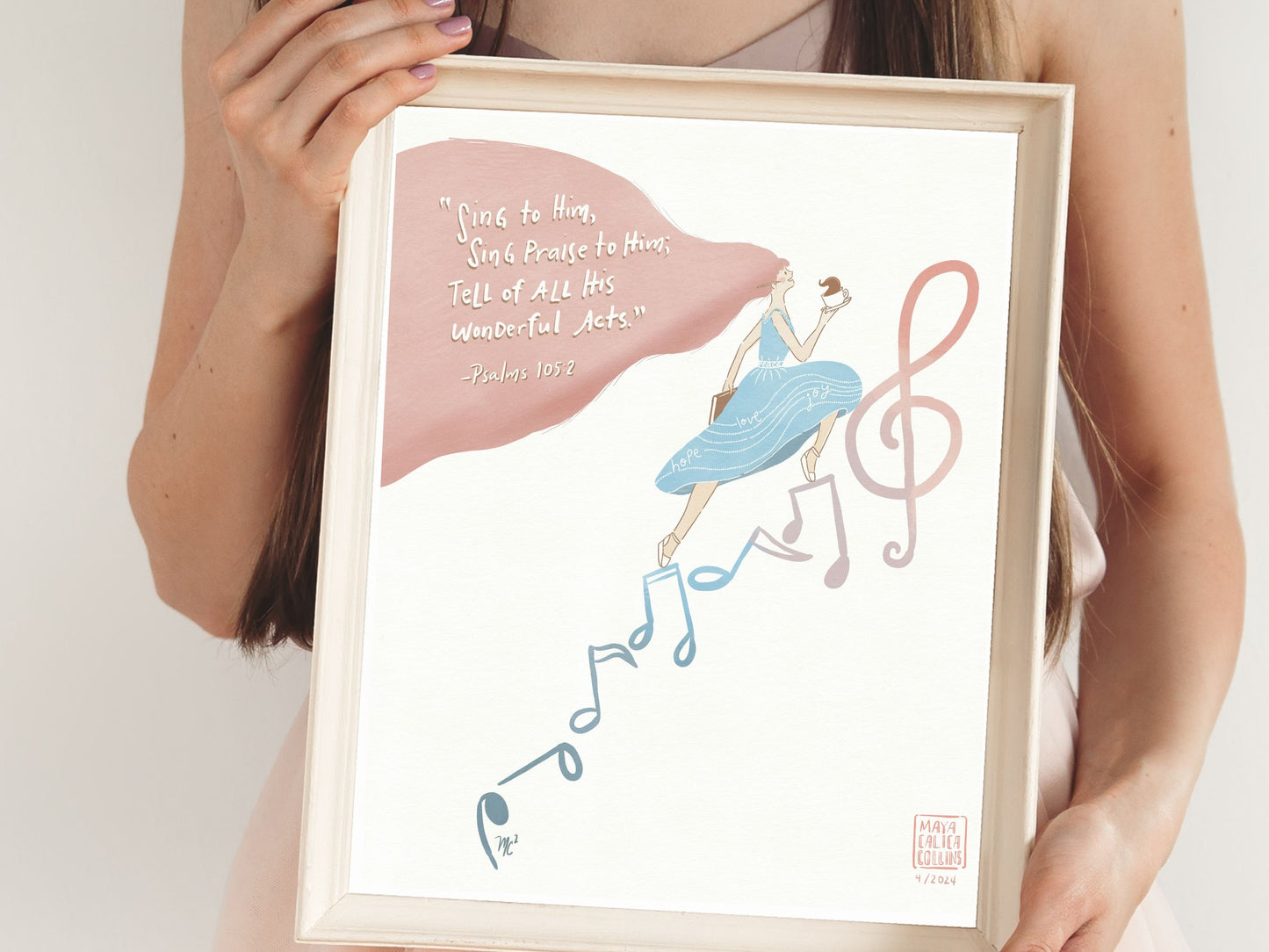 Sing Praises to Him Art Print, Girl with coffee Climbing a Stairs of Musical Notes, Pastel Art Print, Bible Art Poster