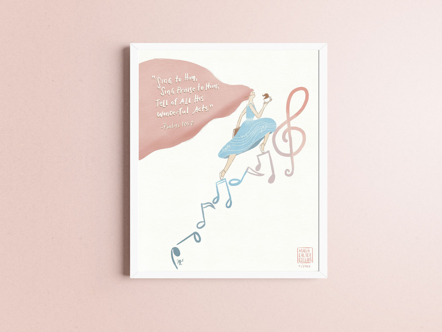 Sing Praises to Him Art Print, Girl with coffee Climbing a Stairs of Musical Notes, Pastel Art Print, Bible Art Poster
