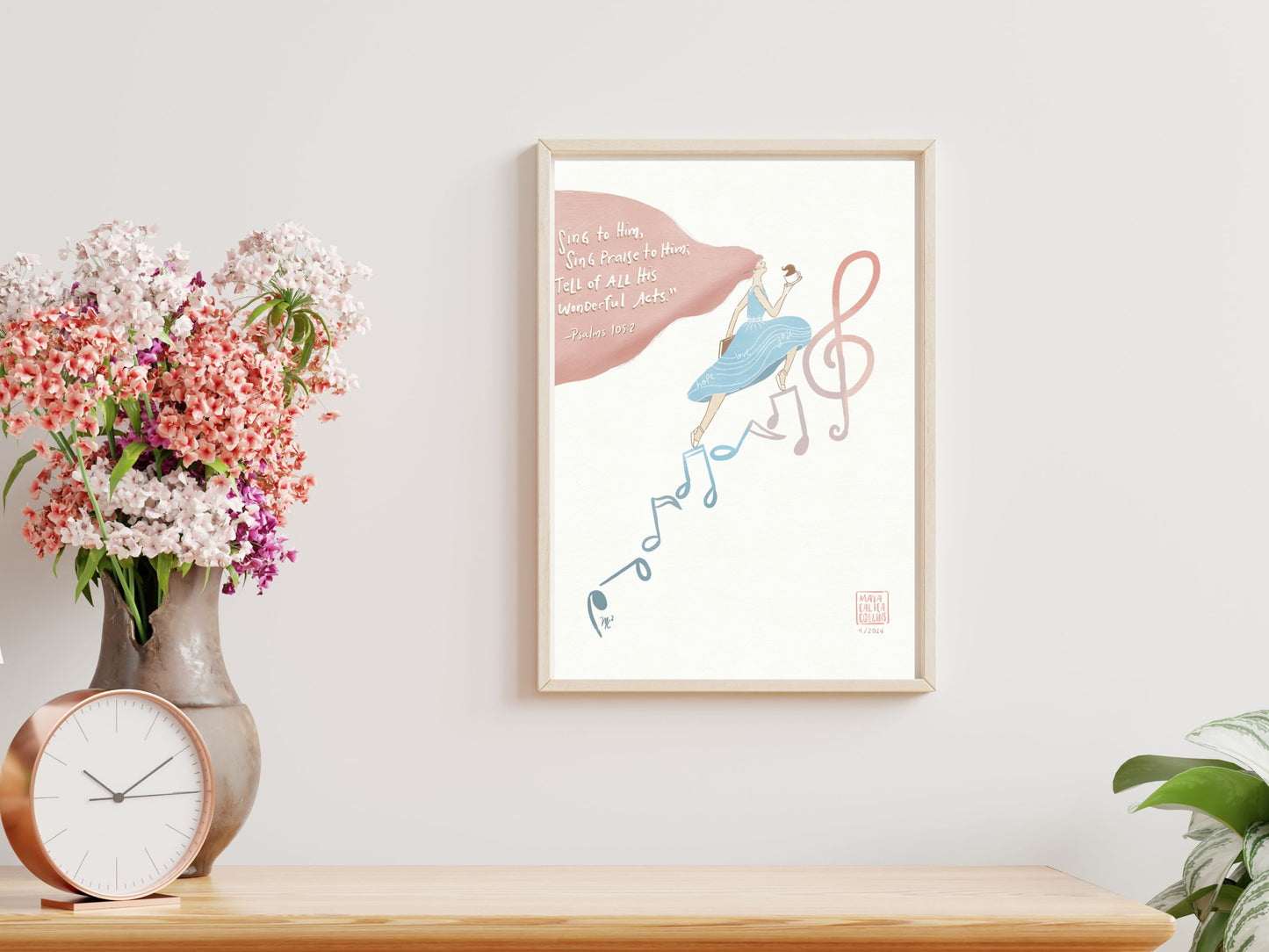 Sing Praises to Him Art Print, Girl with coffee Climbing a Stairs of Musical Notes, Pastel Art Print, Bible Art Poster