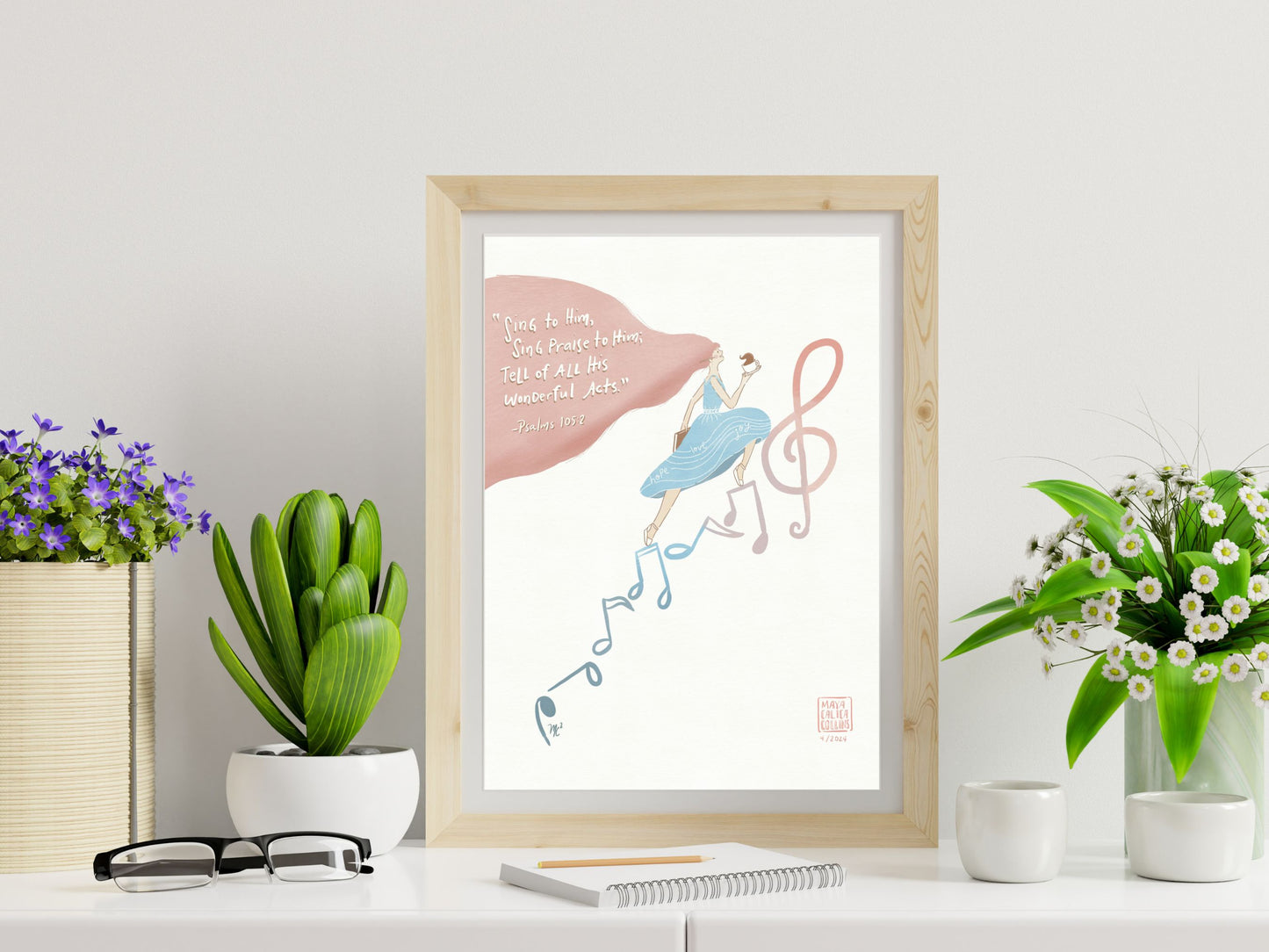 Sing Praises to Him Art Print, Girl with coffee Climbing a Stairs of Musical Notes, Pastel Art Print, Bible Art Poster