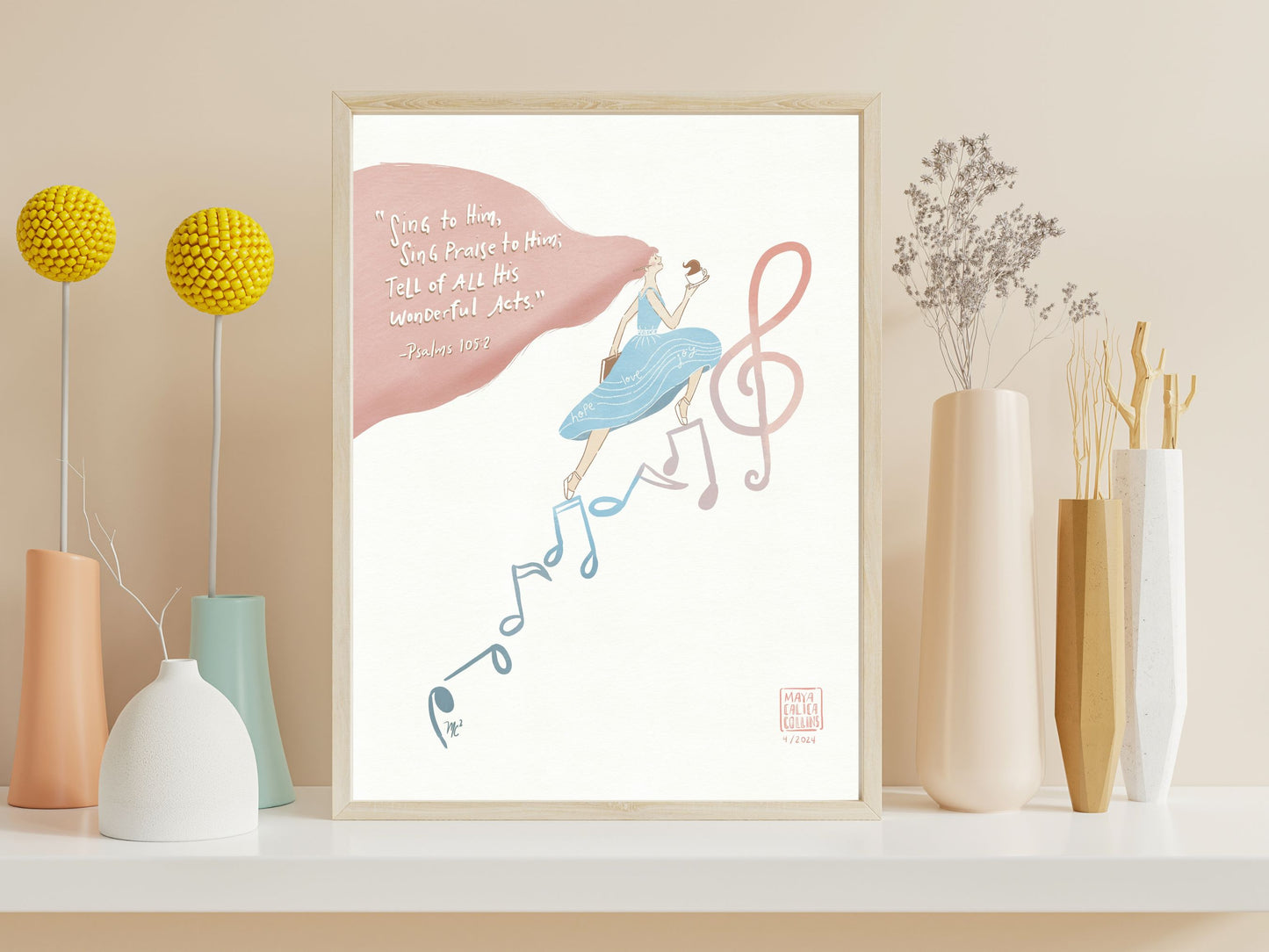 Sing Praises to Him Art Print, Girl with coffee Climbing a Stairs of Musical Notes, Pastel Art Print, Bible Art Poster