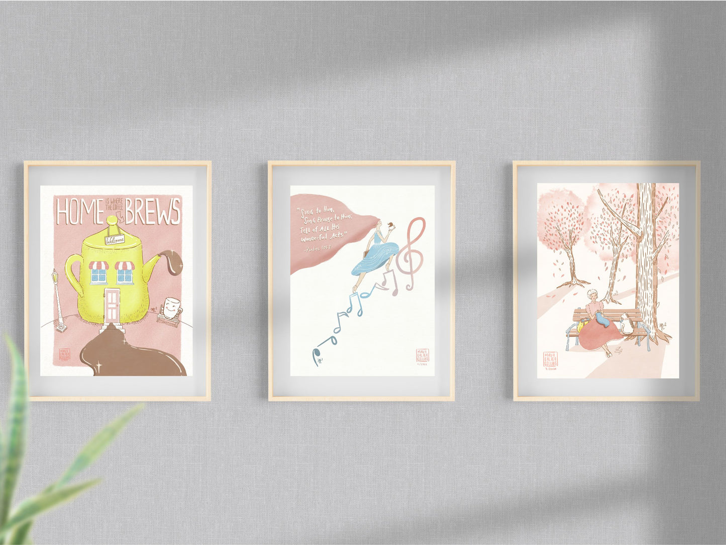 Sing Praises to Him Art Print, Girl with coffee Climbing a Stairs of Musical Notes, Pastel Art Print, Bible Art Poster