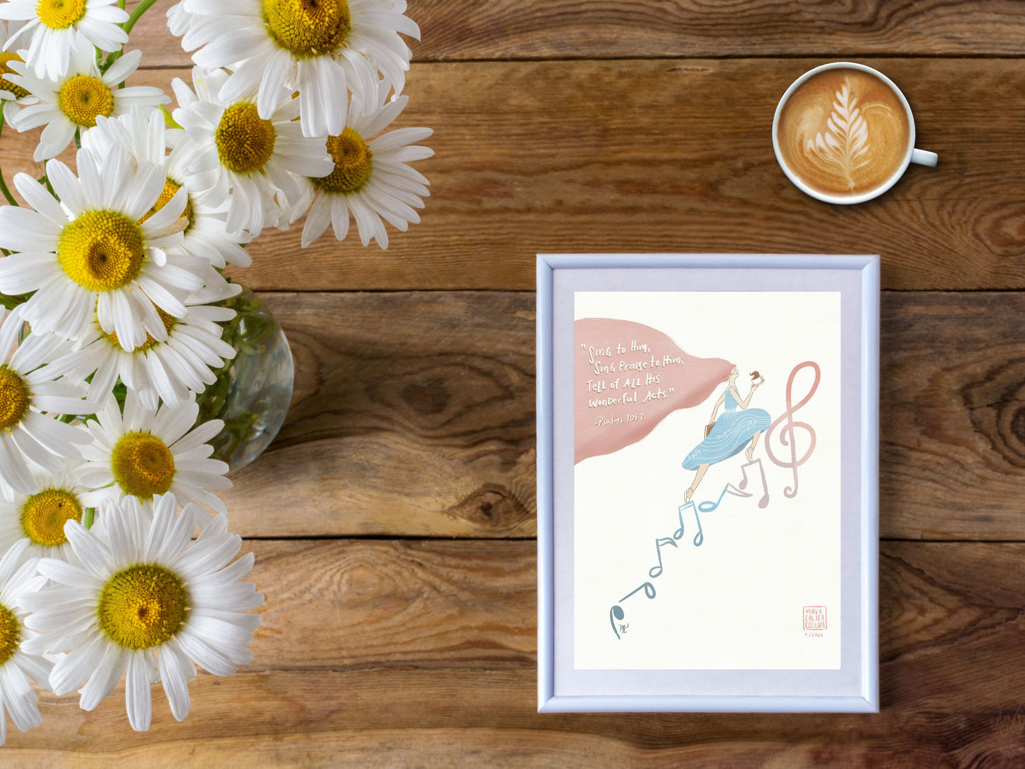 Sing Praises to Him Art Print, Girl with coffee Climbing a Stairs of Musical Notes, Pastel Art Print, Bible Art Poster