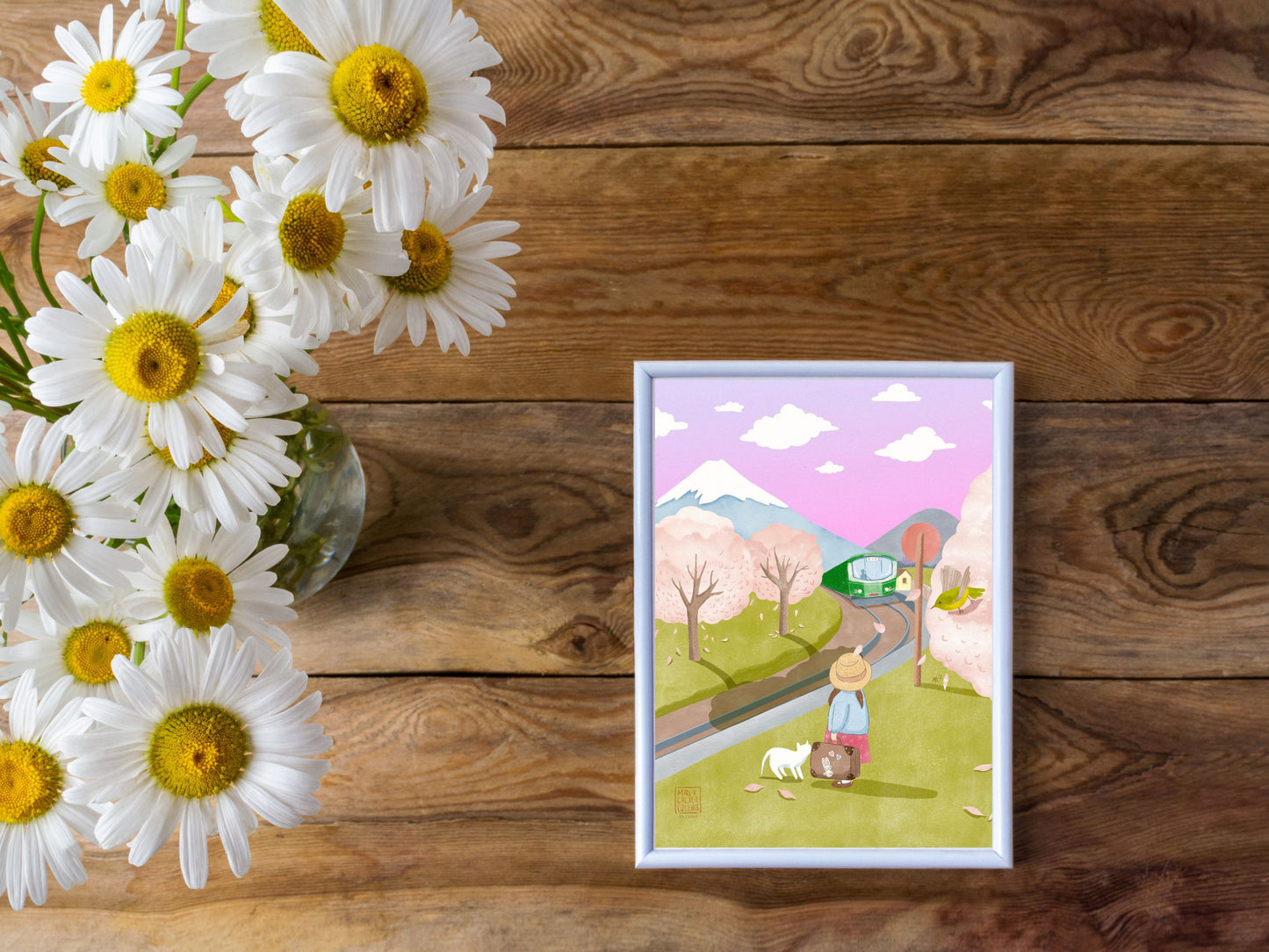Girl and her Cat Waiting for the Train Art Print, Studio Ghibli Style Art, Cute Gift Idea for Cat Lovers