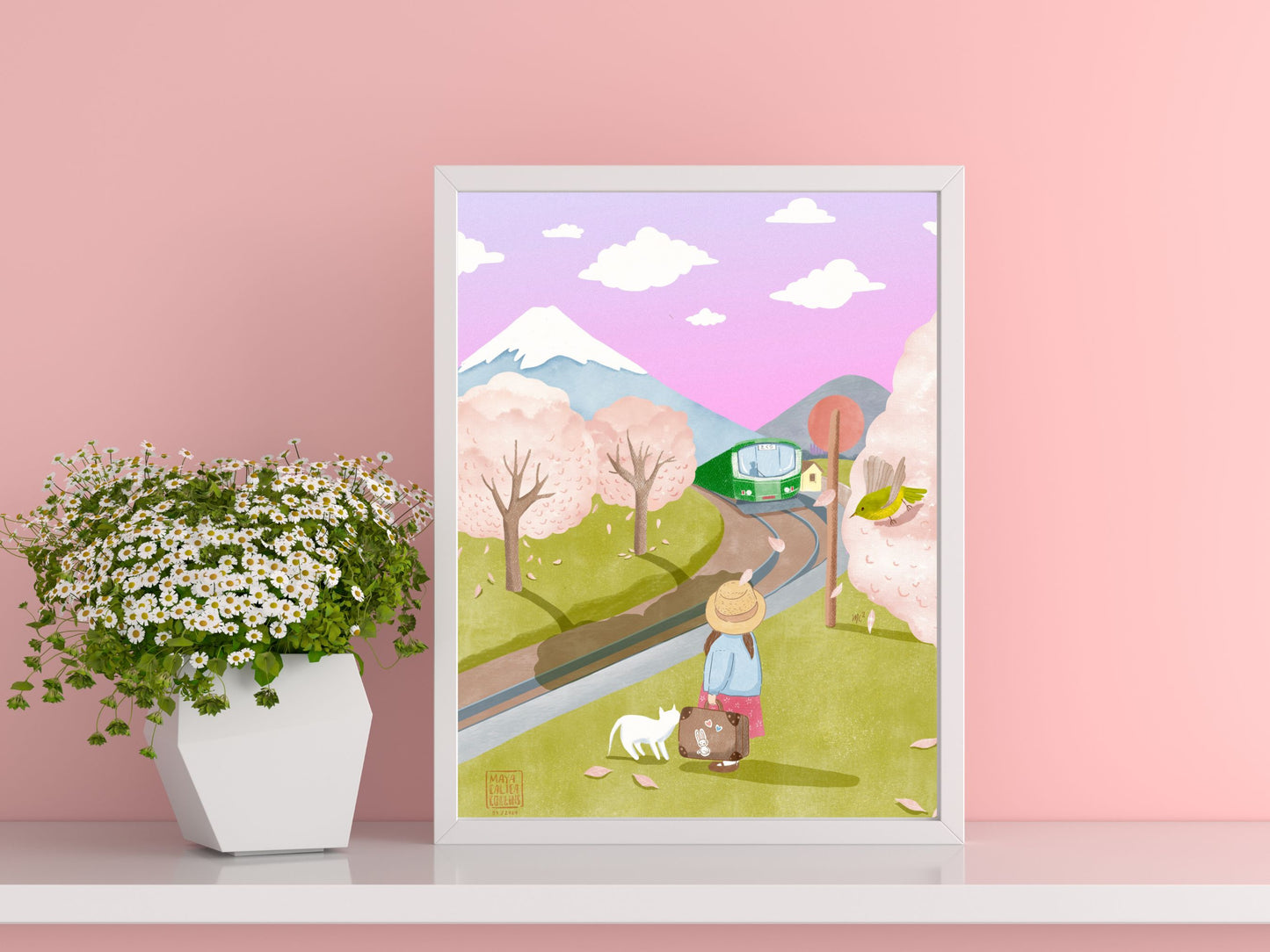 Girl and her Cat Waiting for the Train Art Print, Studio Ghibli Style Art, Cute Gift Idea for Cat Lovers