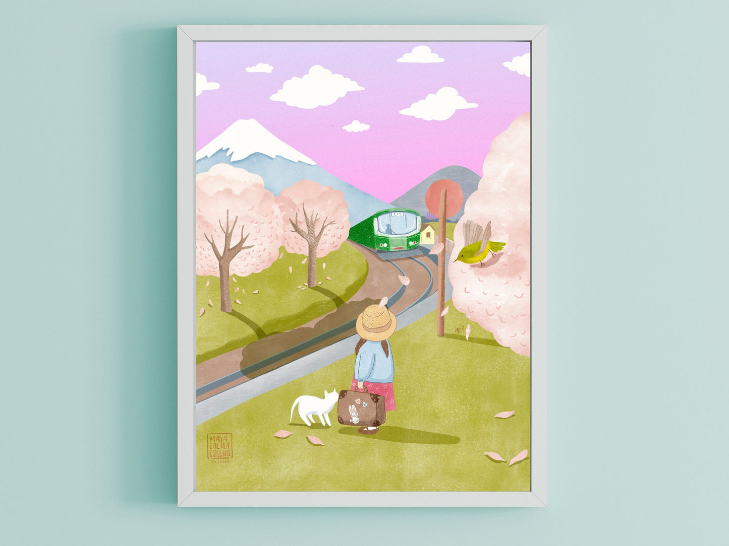 Girl and her Cat Waiting for the Train Art Print, Studio Ghibli Style Art, Cute Gift Idea for Cat Lovers