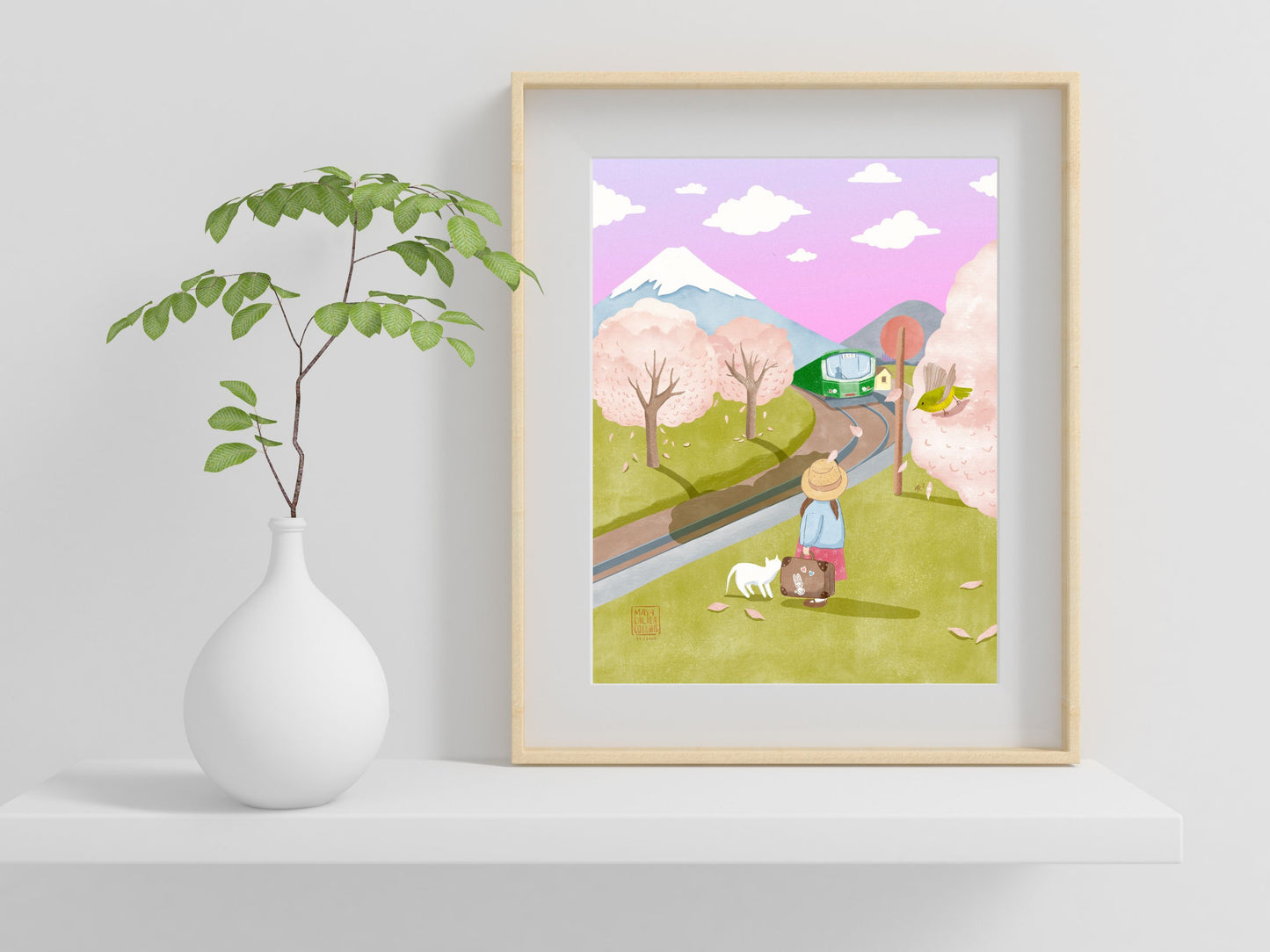 Girl and her Cat Waiting for the Train Art Print, Studio Ghibli Style Art, Cute Gift Idea for Cat Lovers
