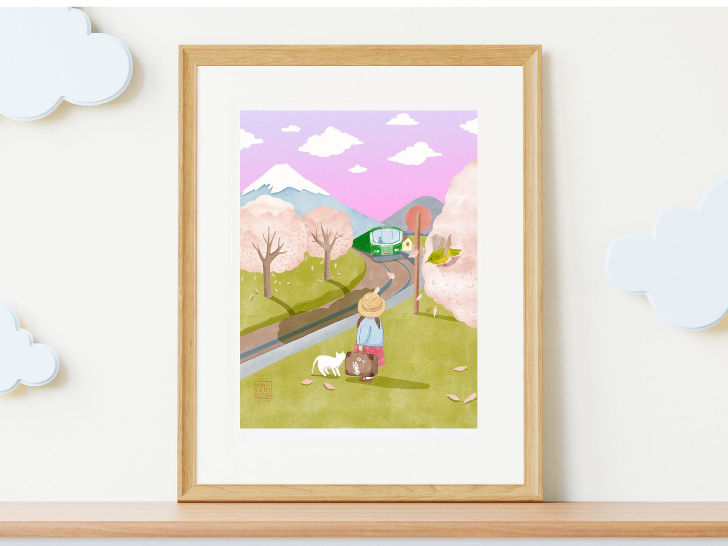 Girl and her Cat Waiting for the Train Art Print, Studio Ghibli Style Art, Cute Gift Idea for Cat Lovers