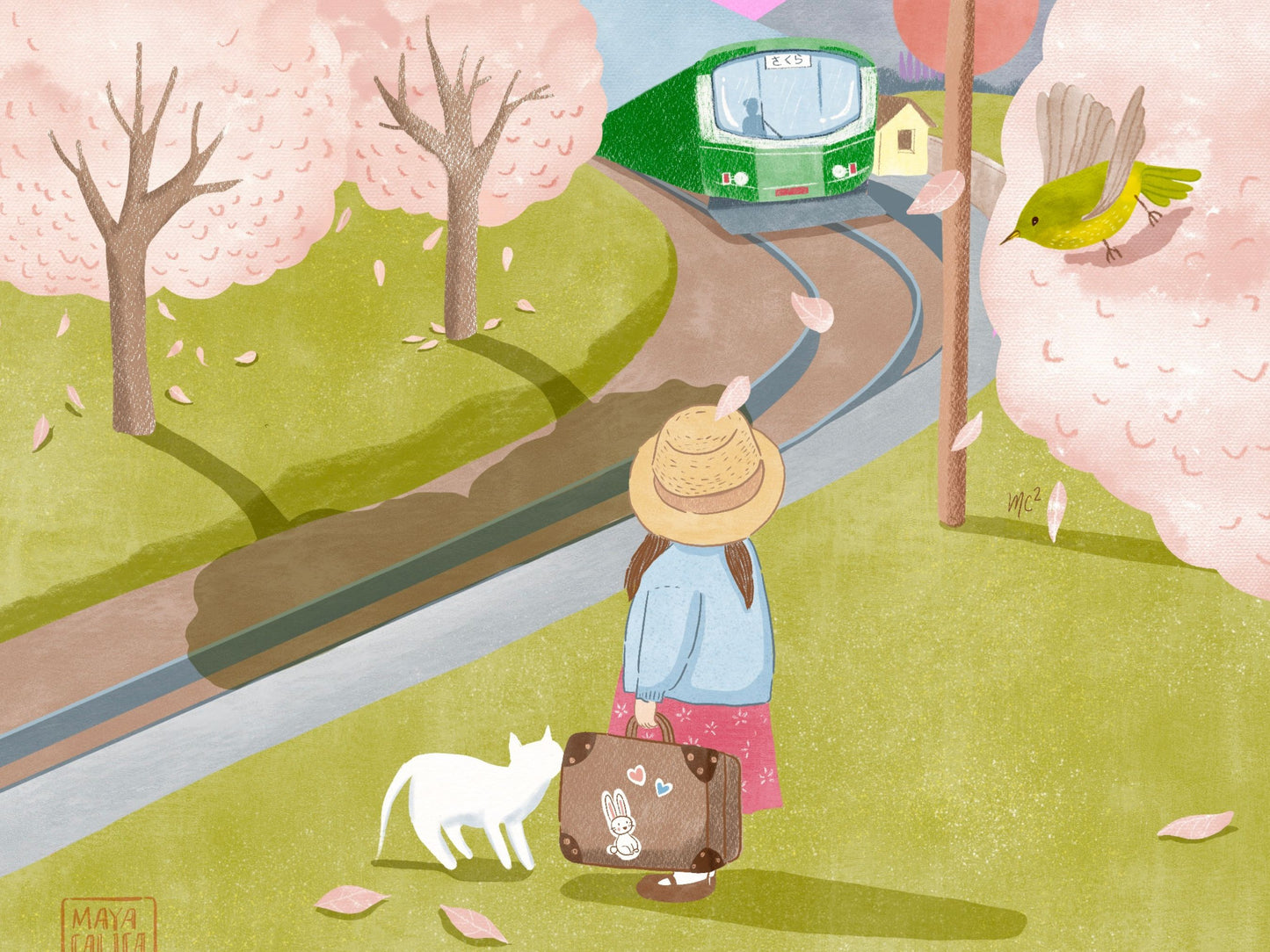 Girl and her Cat Waiting for the Train Art Print, Studio Ghibli Style Art, Cute Gift Idea for Cat Lovers