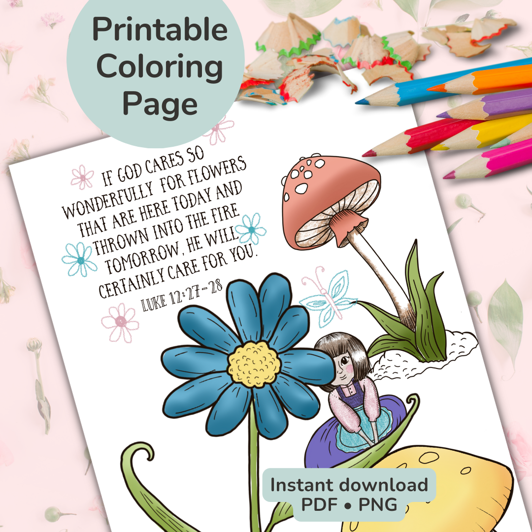 “God cares for you” Colouring Page, , Printable, Bible Verse Coloring Page, Instant Download, Print at home