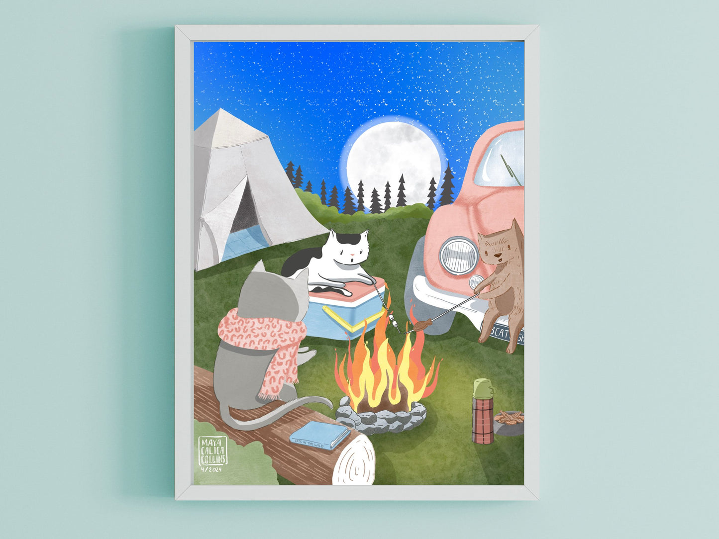 Whimsical Cat Campfire Friends Art Print Nursery, Cat Memorial, Cat Portrait