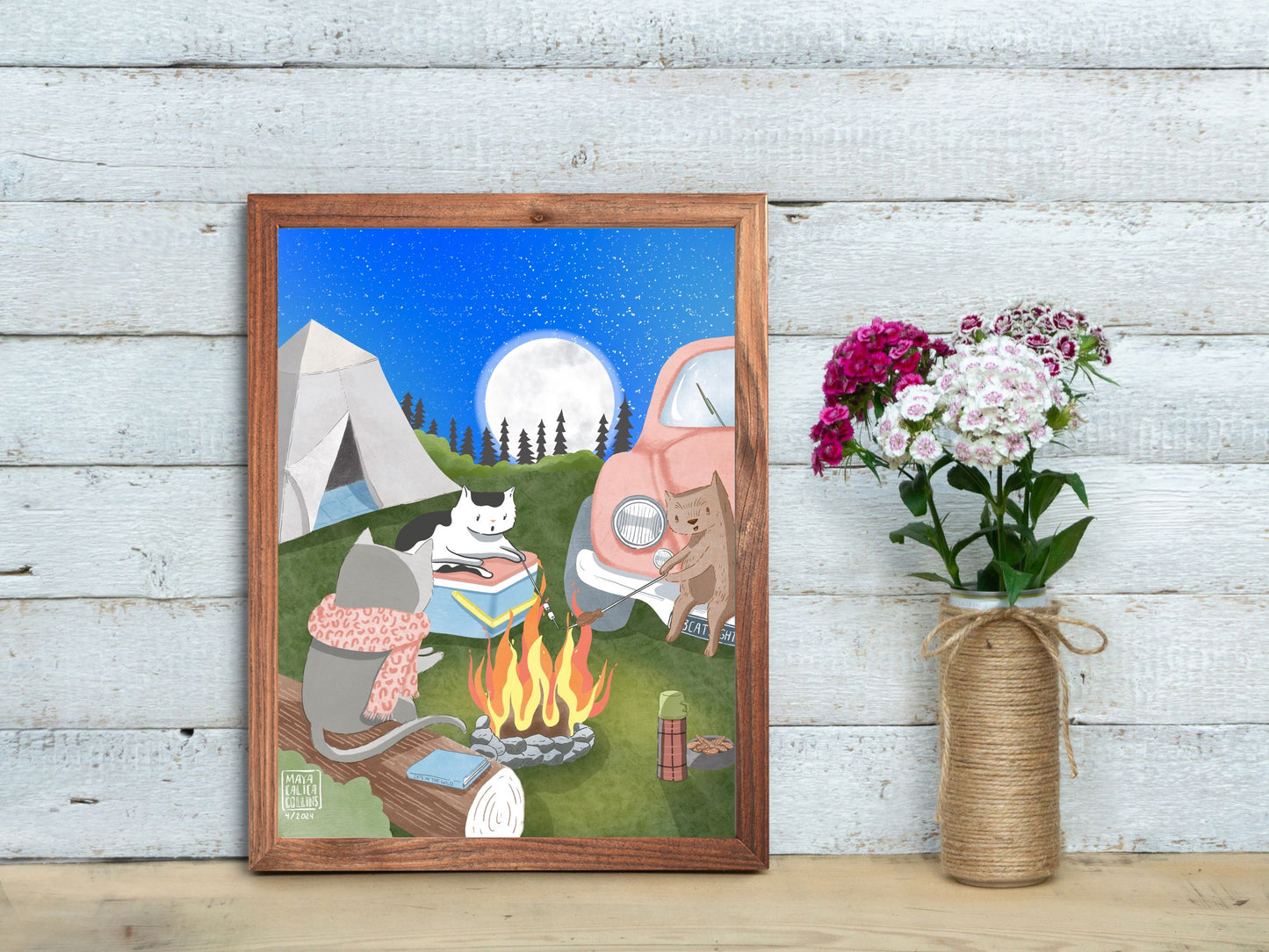 Whimsical Cat Campfire Friends Art Print Nursery, Cat Memorial, Cat Portrait