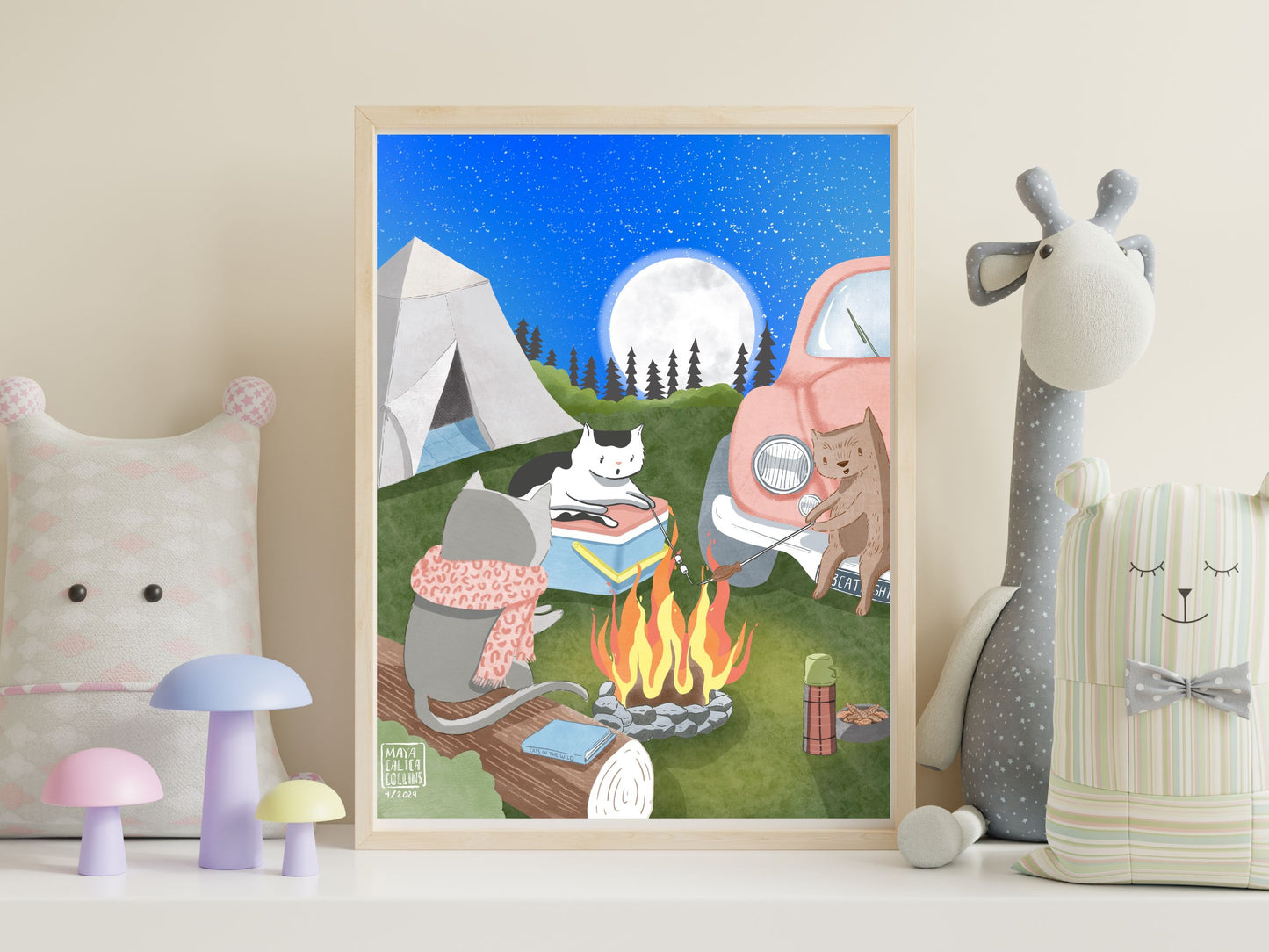 Whimsical Cat Campfire Friends Art Print Nursery, Cat Memorial, Cat Portrait