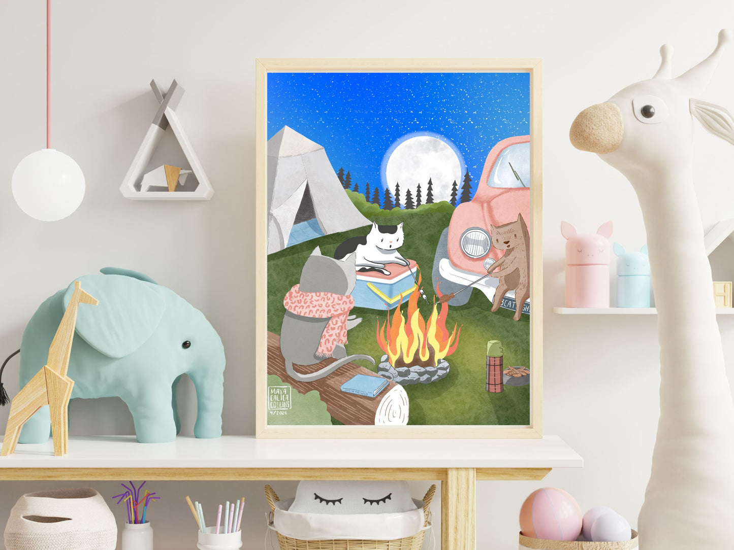 Whimsical Cat Campfire Friends Art Print Nursery, Cat Memorial, Cat Portrait