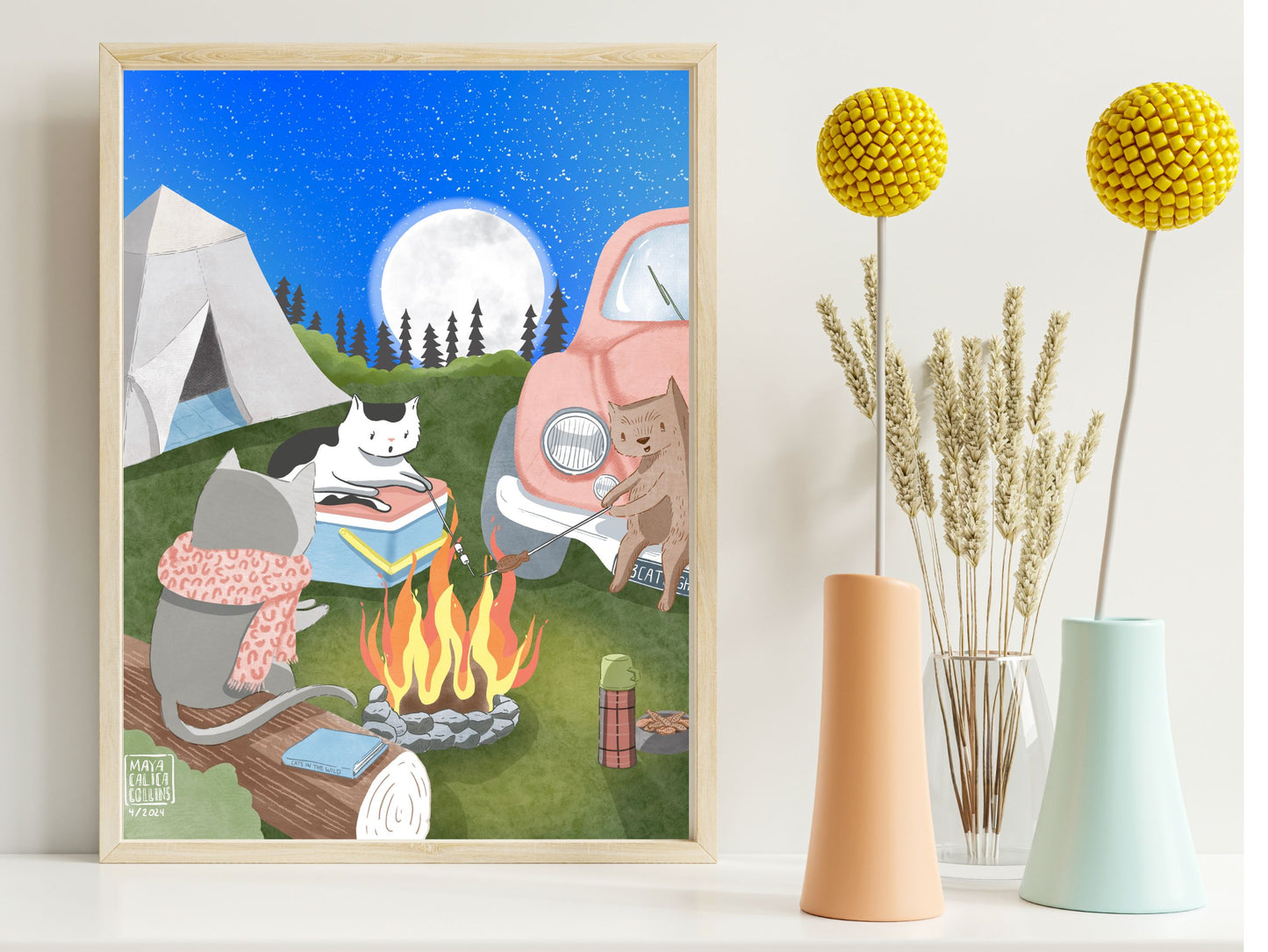 Whimsical Cat Campfire Friends Art Print Nursery, Cat Memorial, Cat Portrait