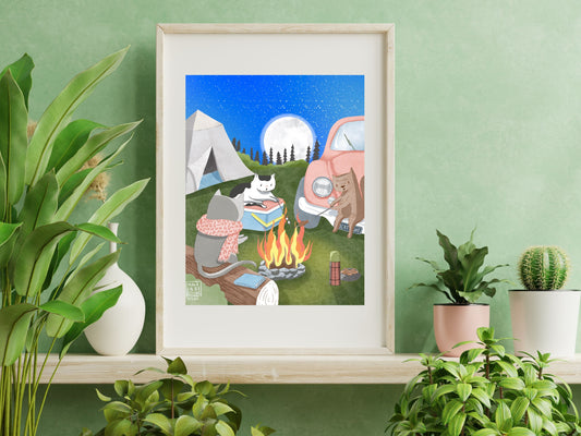 Whimsical Cat Campfire Friends Art Print Nursery, Cat Memorial, Cat Portrait