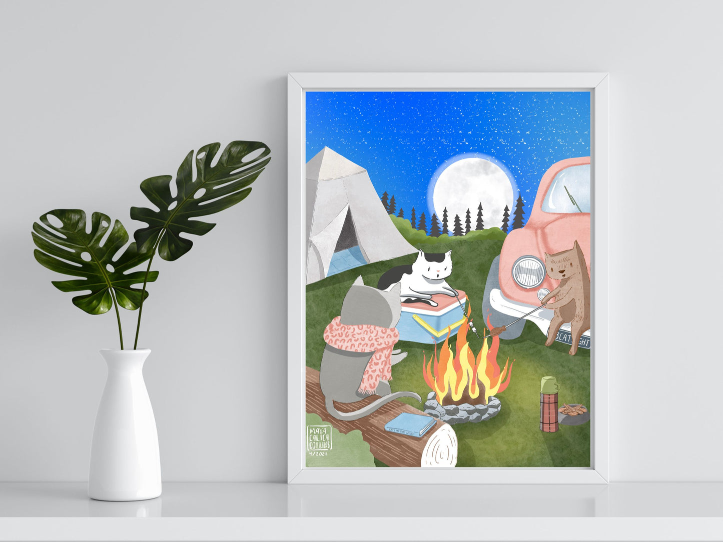 Whimsical Cat Campfire Friends Art Print Nursery, Cat Memorial, Cat Portrait