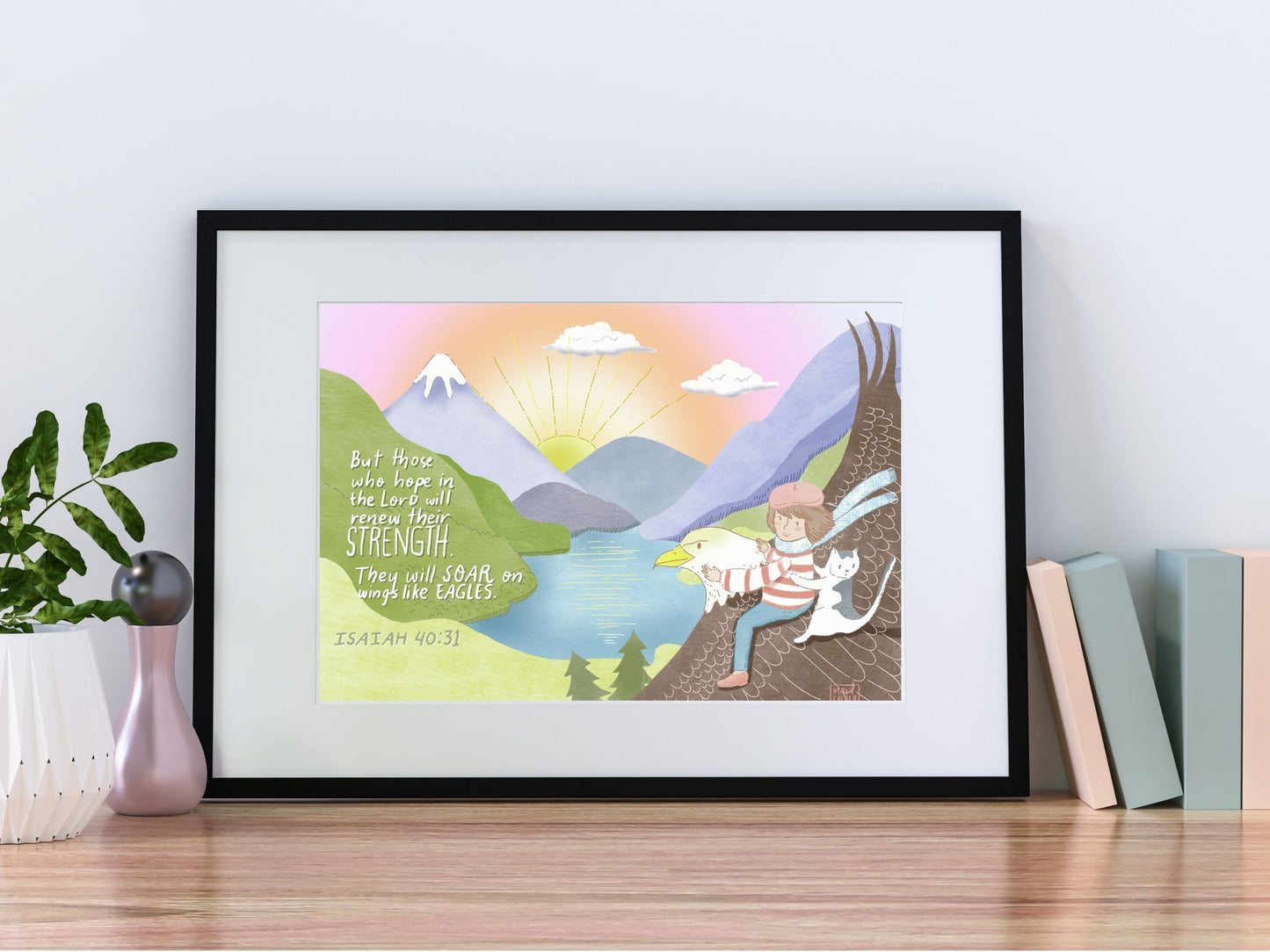 Girl and Funny Cat Art Print, Girl with French Beret with cat, Eagle in flight, Whimsical Pink Sunset Sky, 8x10 Wall Art