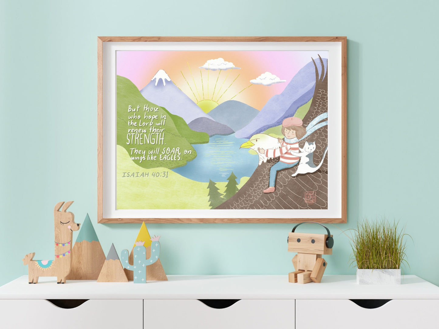 Girl and Funny Cat Art Print, Girl with French Beret with cat, Eagle in flight, Whimsical Pink Sunset Sky, 8x10 Wall Art