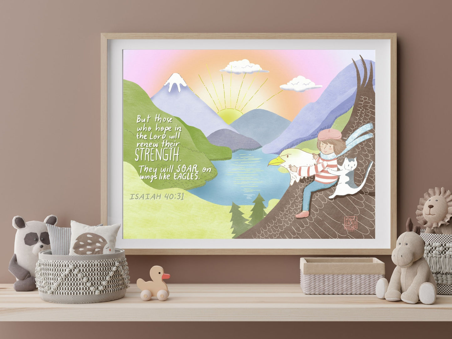 Girl and Funny Cat Art Print, Girl with French Beret with cat, Eagle in flight, Whimsical Pink Sunset Sky, 8x10 Wall Art