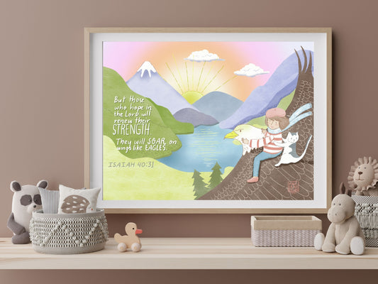 Girl and Funny Cat Art Print, Girl with French Beret with cat, Eagle in flight, Whimsical Pink Sunset Sky, 8x10 Wall Art