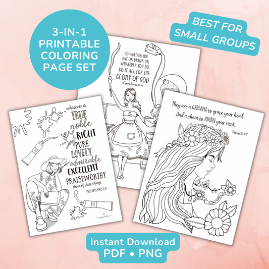 CREATIVE WOMEN 3-in-1 Printable Coloring Pages, Printable, Bible Verse Coloring Page, Instant Download, Print at home