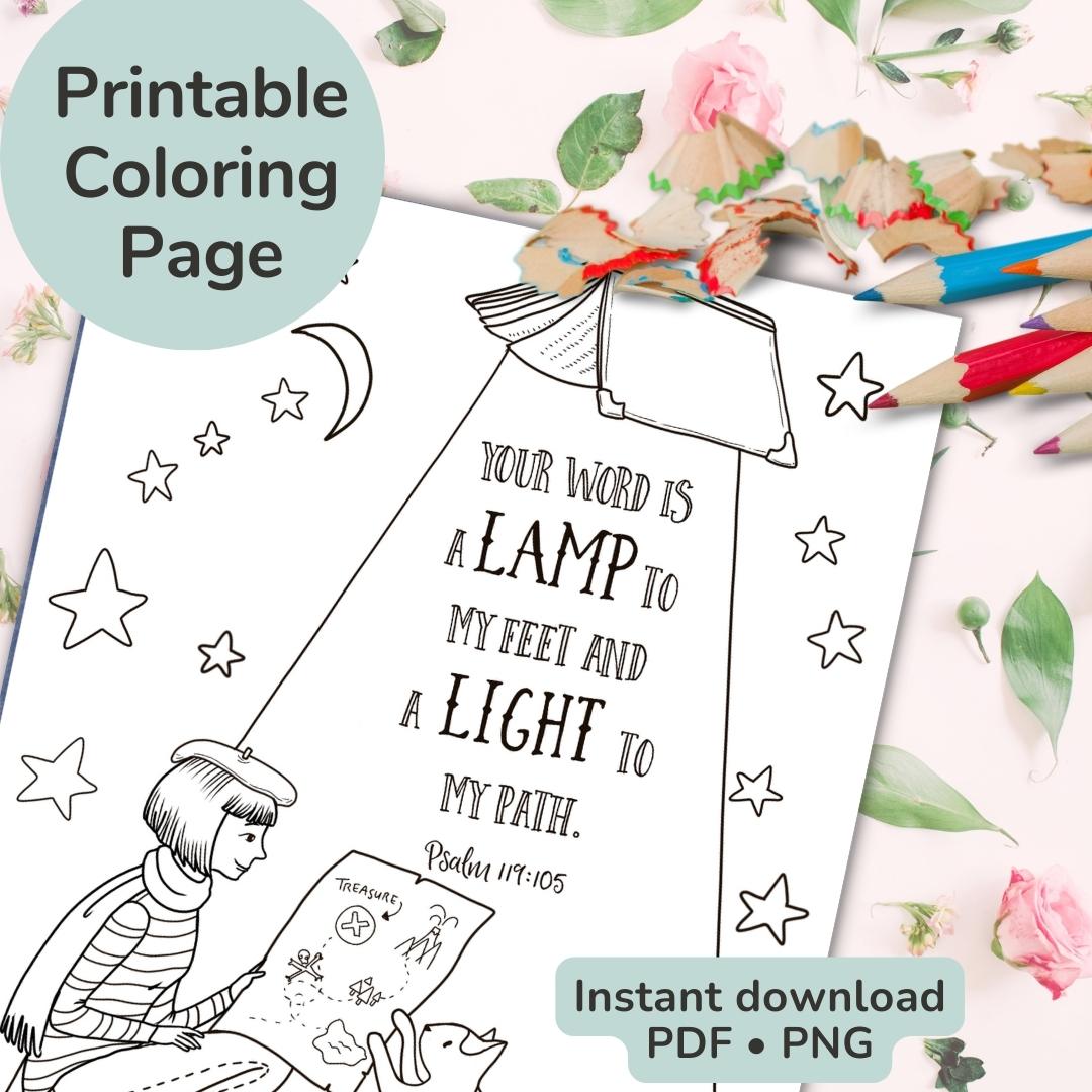 “Your Word is a Lamp” Printable Coloring Page, Bible Verse Coloring Page, Instant Download, Print at home