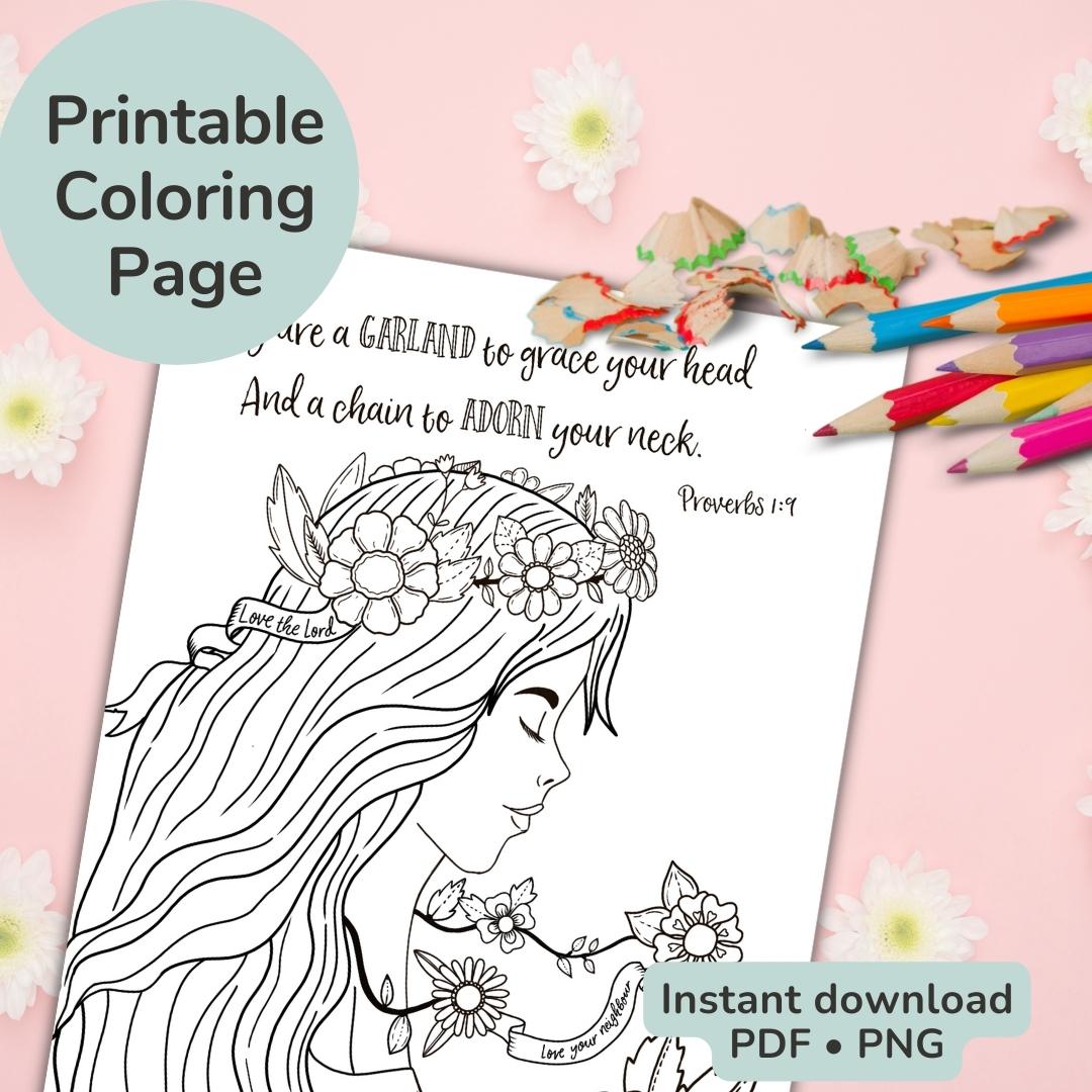 “Garland of Grace” Printable Coloring Page, Printable, Bible Verse Coloring Page, Instant Download, Print at home