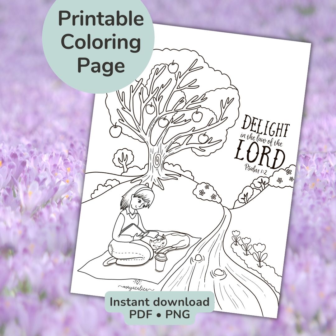 “Delight In The Lord” Printable Coloring Page, , Printable, Bible Verse Coloring Page, Instant Download, Print at home