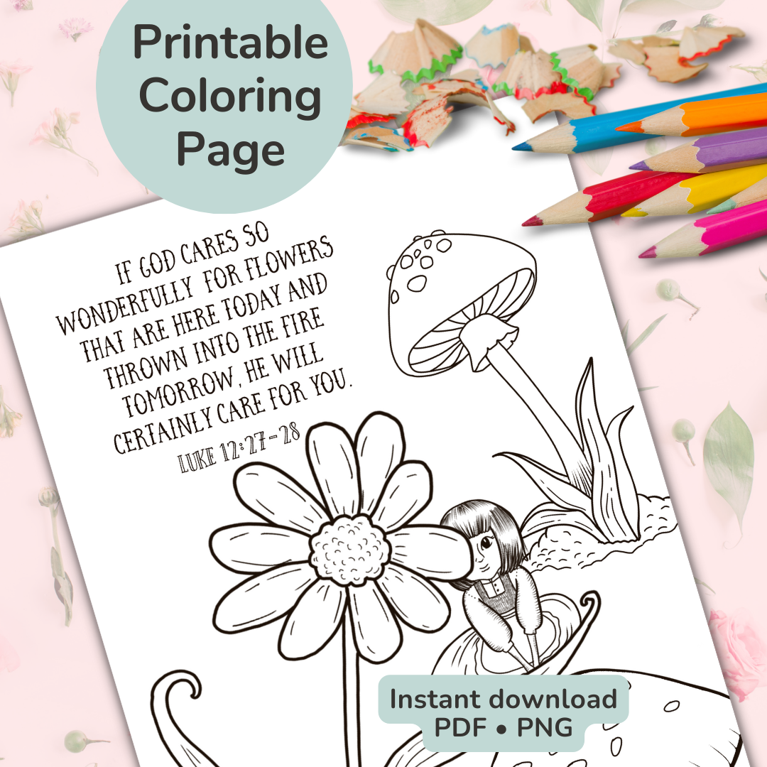 “God cares for you” Colouring Page, , Printable, Bible Verse Coloring Page, Instant Download, Print at home