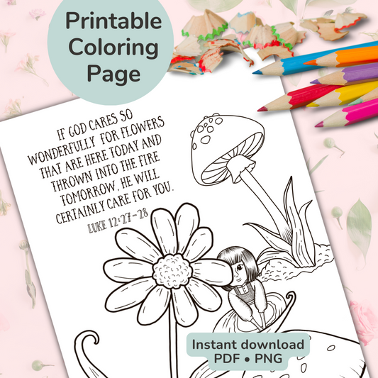 “God cares for you” Colouring Page, , Printable, Bible Verse Coloring Page, Instant Download, Print at home