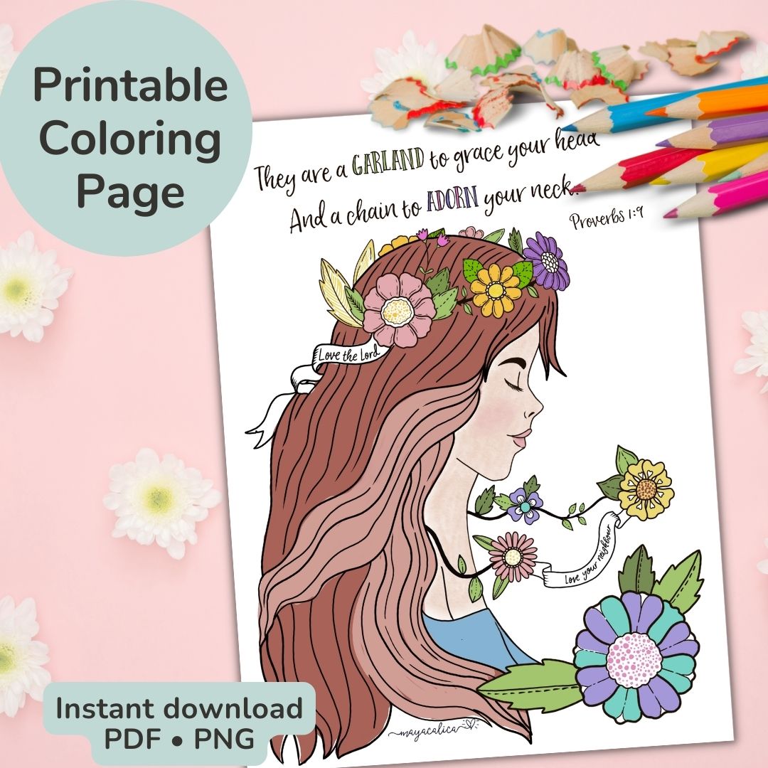 “Garland of Grace” Printable Coloring Page, Printable, Bible Verse Coloring Page, Instant Download, Print at home