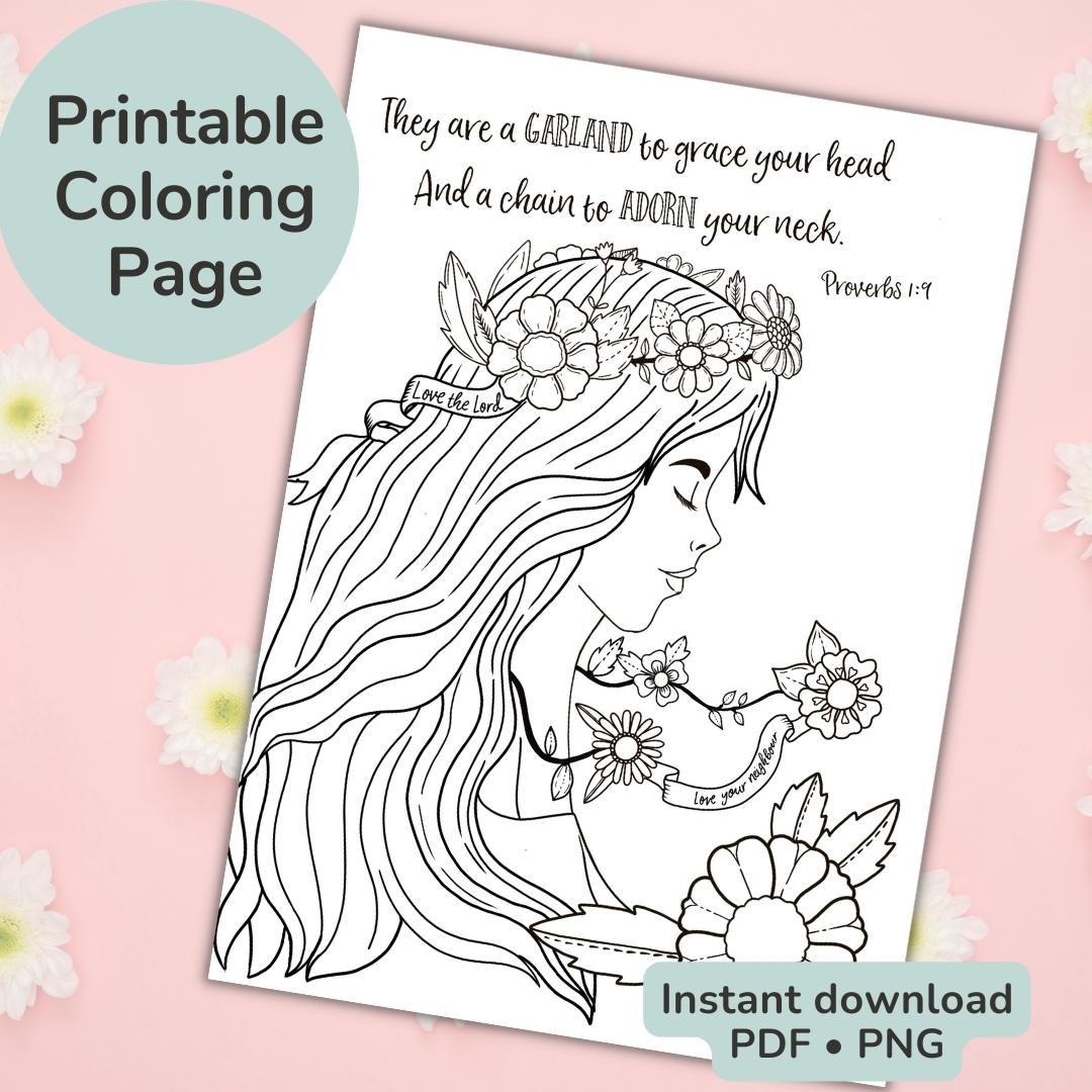 “Garland of Grace” Printable Coloring Page, Printable, Bible Verse Coloring Page, Instant Download, Print at home